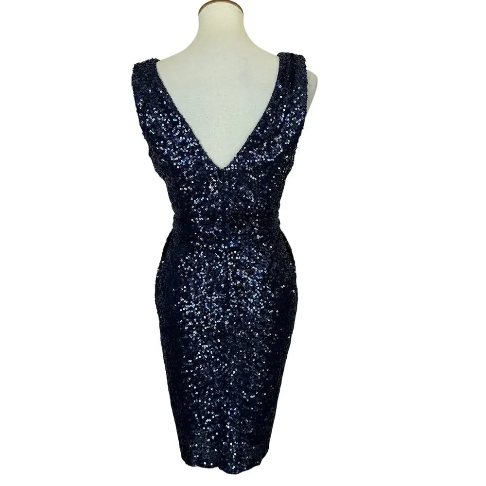 Badgley Mischka Blue Sequin Sheath Dress Size 6 Ruched Designer Cocktail $395 - Picture 7 of 9